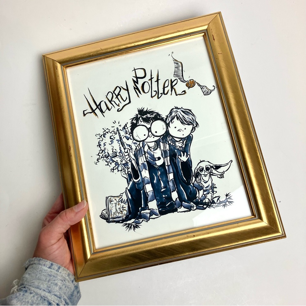 Framed Harry Potter Art Print Hermione Granger Ron Weasley Dobby Elf